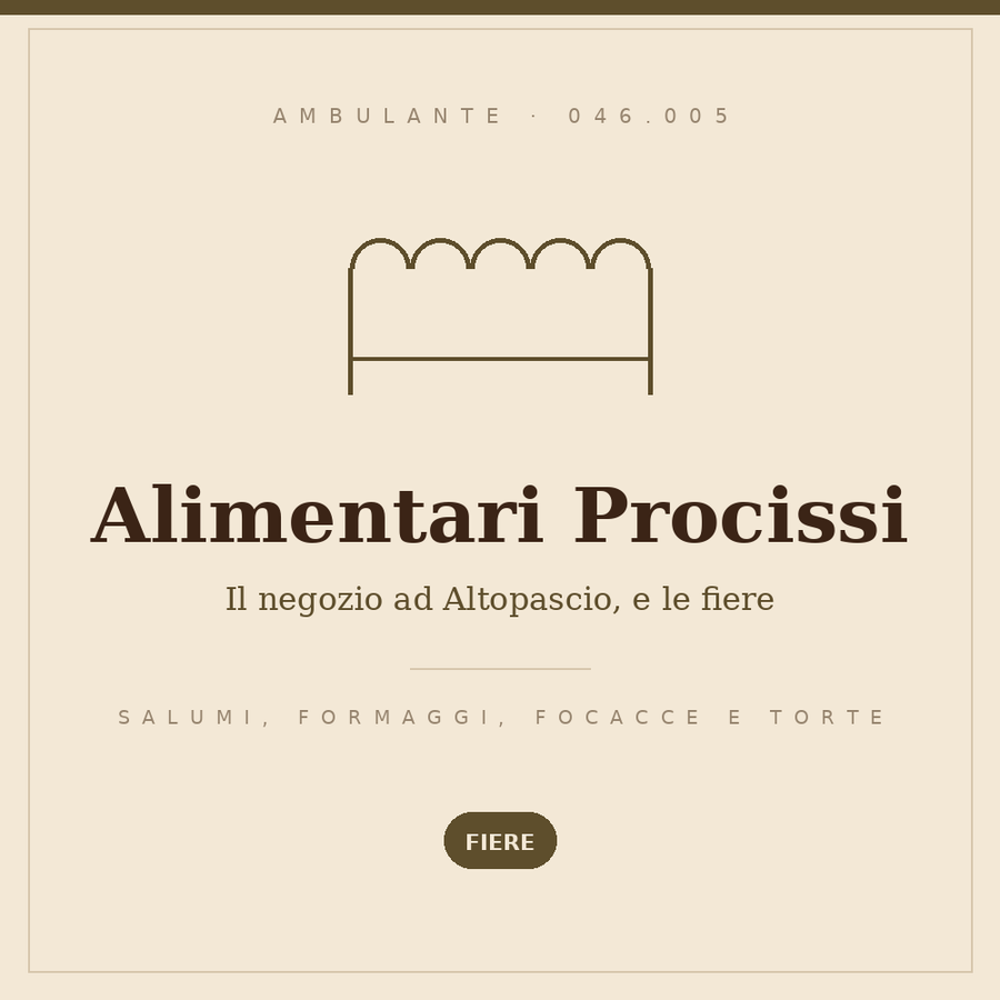 Insegna disegnata del banco Alimentari Procissi: salumi, formaggi, focacce e torte, presente alle fiere, codice operatore 046.005