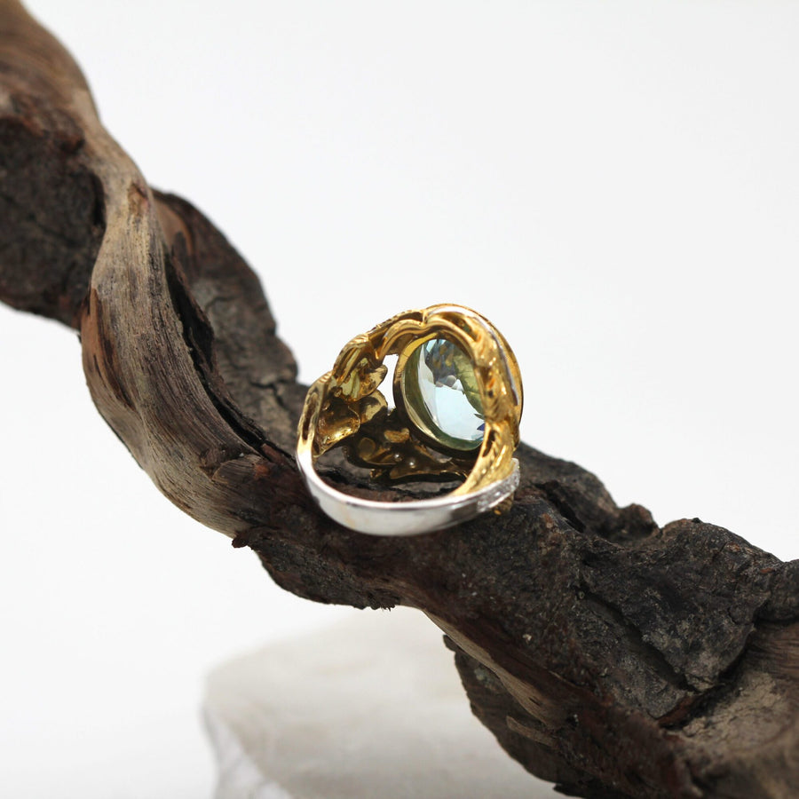 View from behind on the branch: the back of the openwork bezel and the inside of the white gold band