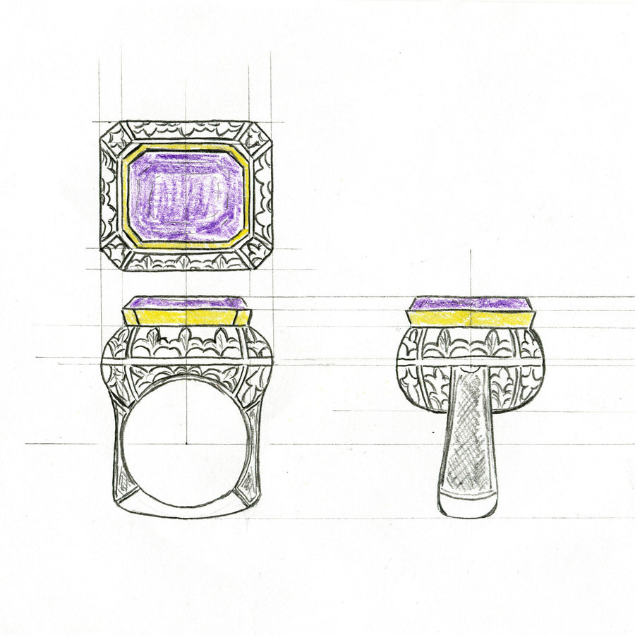 Il disegno di bottega dell'anello: pianta, veduta frontale e fianco, con la pietra e il castone a colori