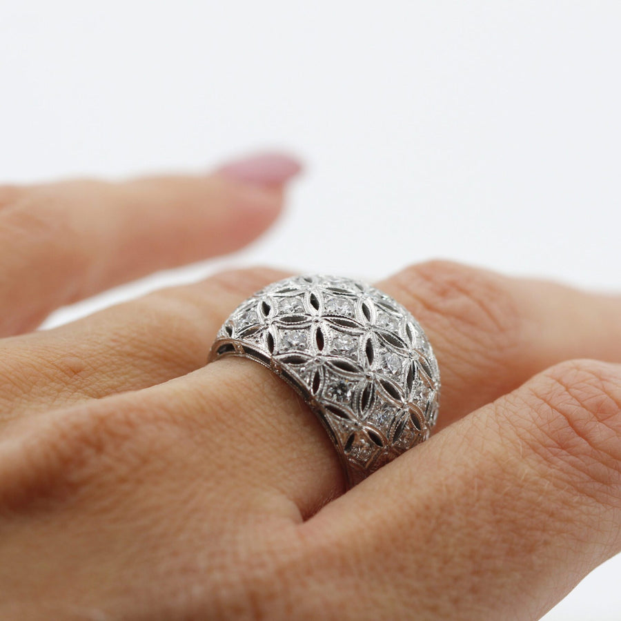 Domed white gold ring with diamonds, Florentine mesh work