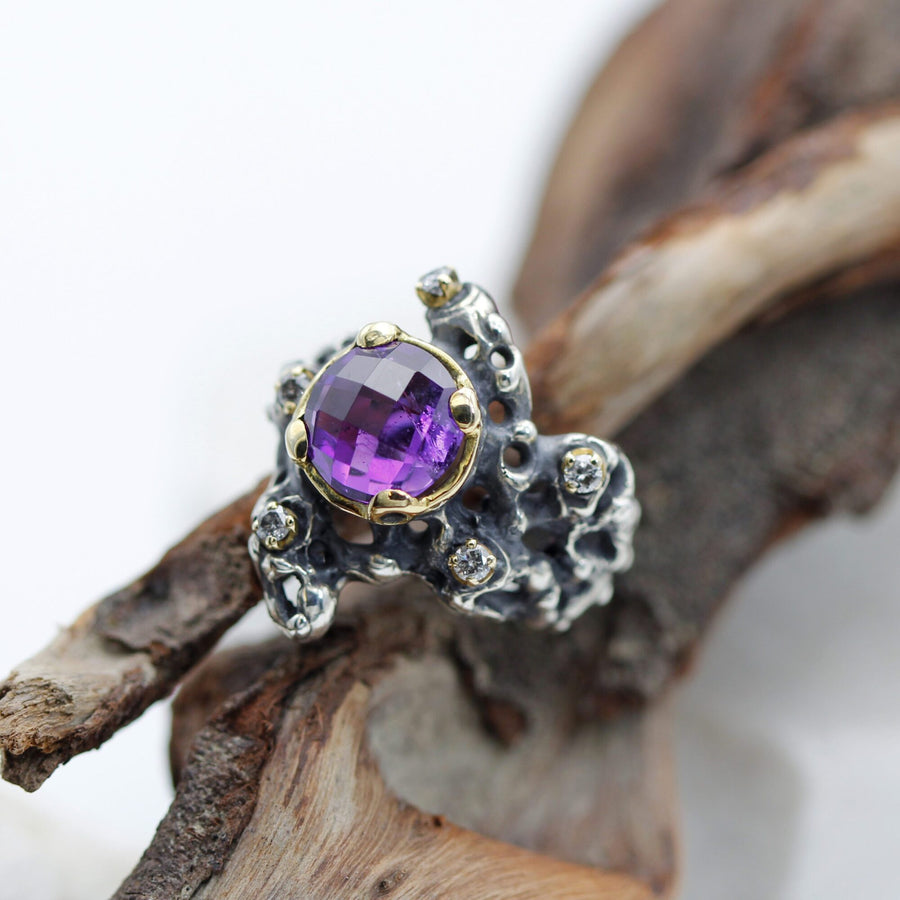On the bark, in three-quarter view: the colour of the amethyst in full light.