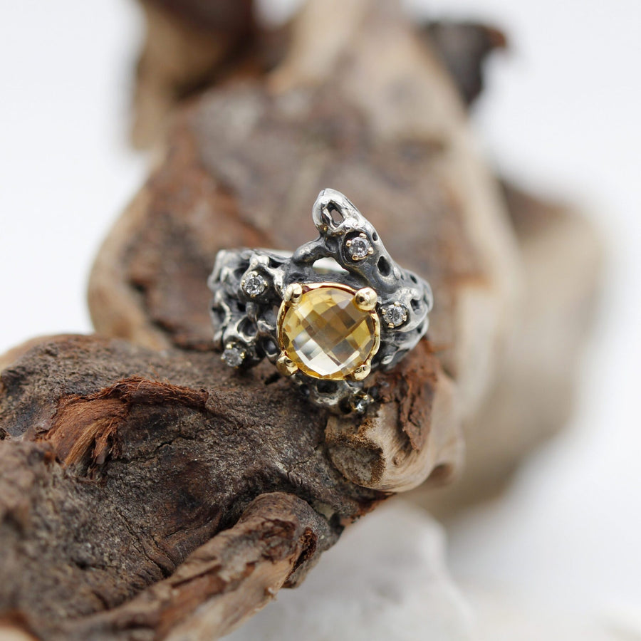 Shot on the wood with the colour of the citrine in full light.
