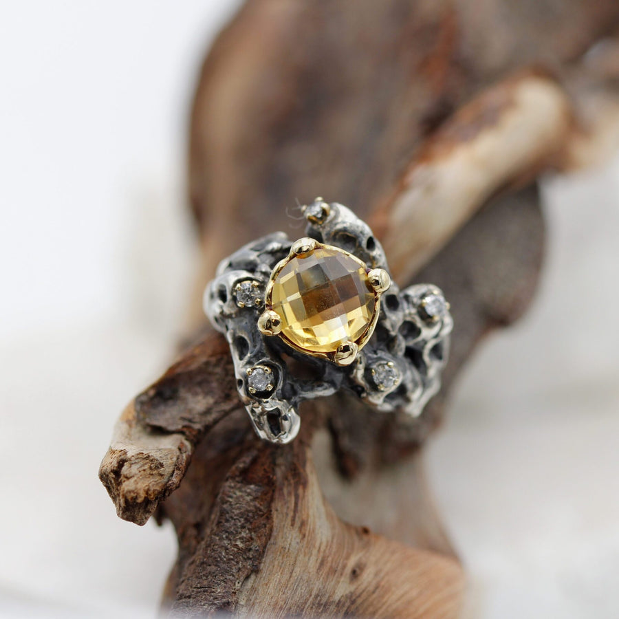 Macro on a piece of bark: the grid of the checkerboard cut on the crown of the quartz and the diamonds held one by one by the gold grains.