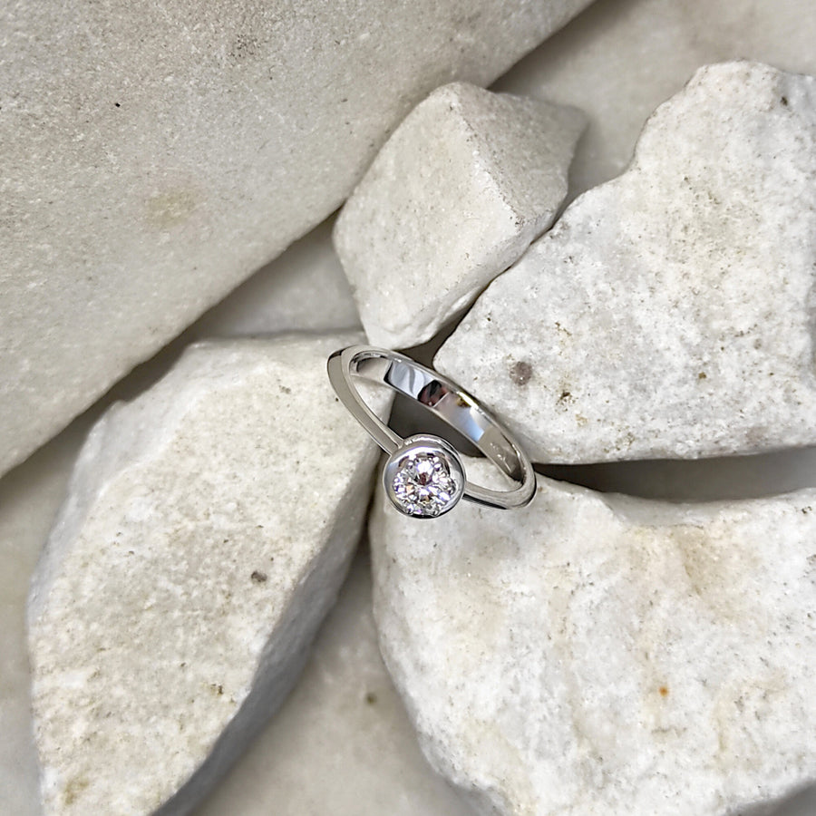 From above: the crown of prongs pressed down on the edge of the stone