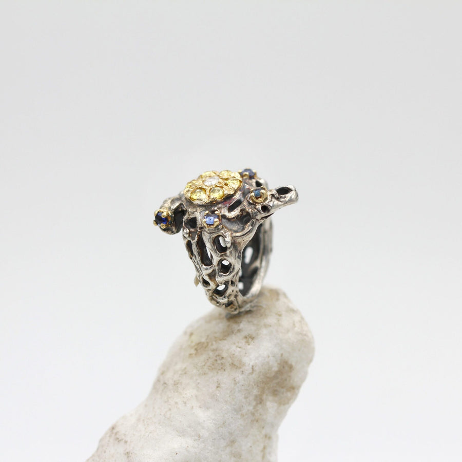 Overall view from a distance, the piece balanced on the stone