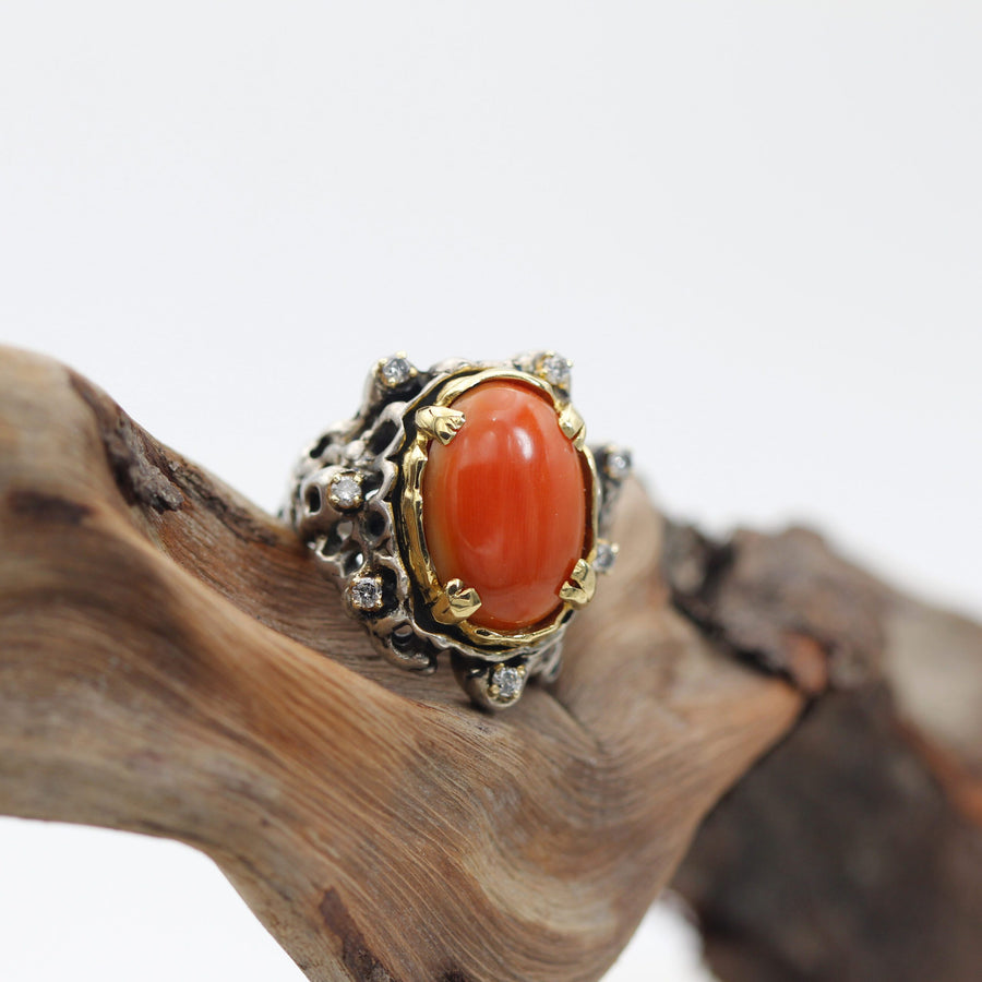 L'anello appoggiato su un ramo di legno consumato, il rosso del corallo di fronte