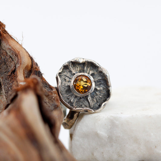 L'anello appoggiato accanto a una scorza di legno, corolla di tre quarti