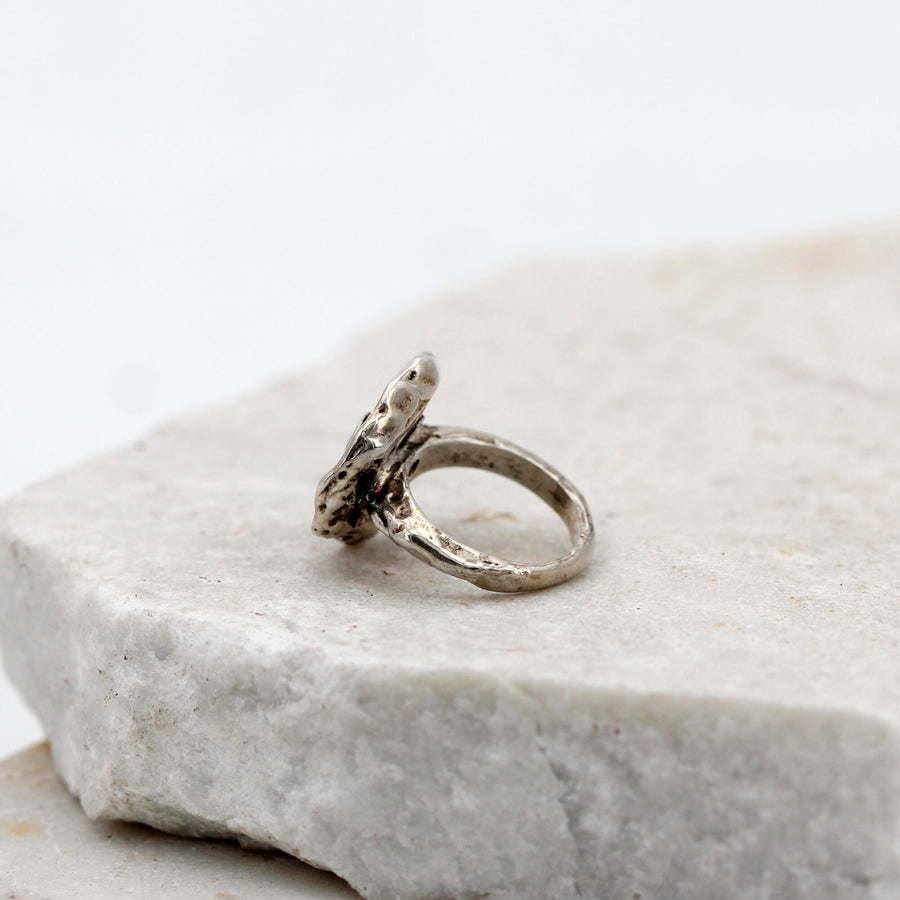 L'anello di profilo, con il cerchio del gambo martellato in primo piano