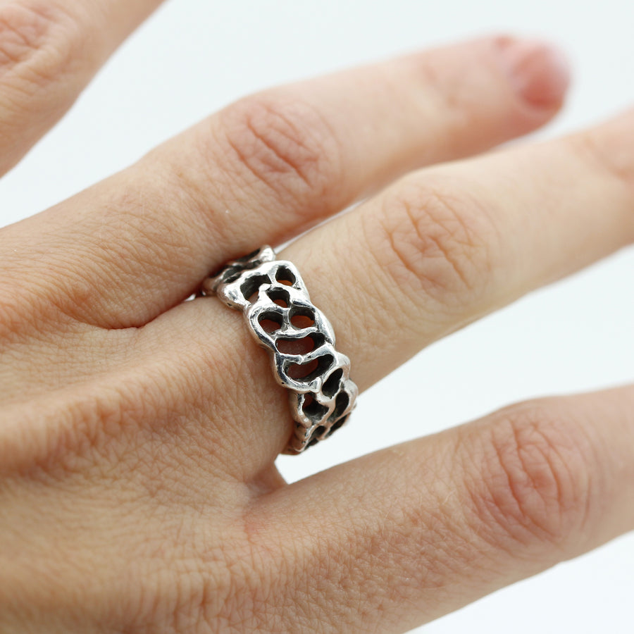 The ring on the finger, close-up side view: the skin shows through the openings.
