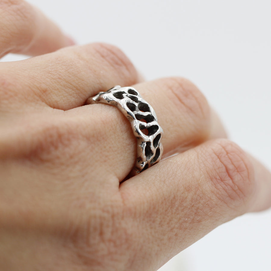 The ring on the finger seen from above: the pattern runs the same all around the band.