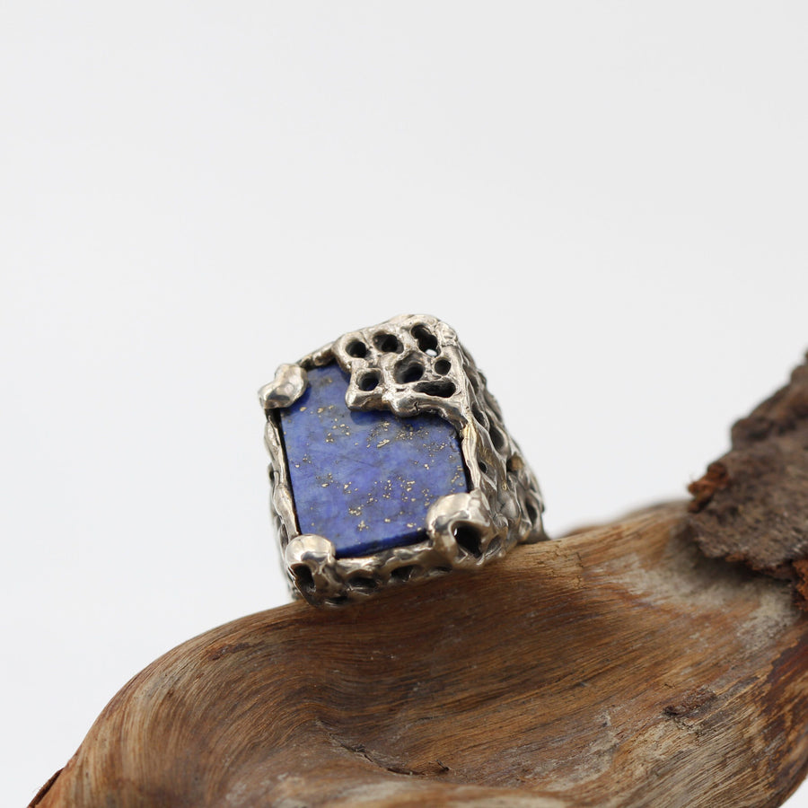 L'anello appoggiato su un legno, di tre quarti