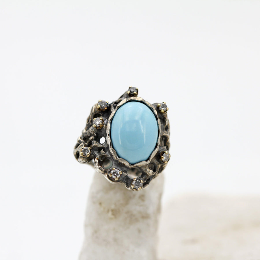 The head almost from the front, with the silver edge folded over the turquoise