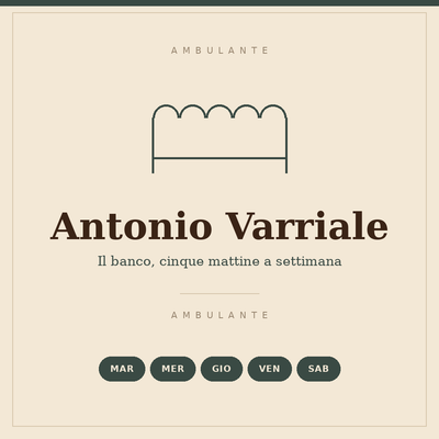 Insegna disegnata del banco di Antonio Varriale: cinque mattine a settimana, dal martedì al sabato