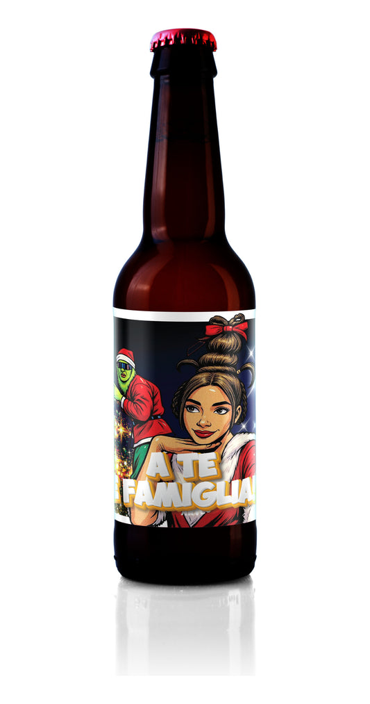 Bottiglia A te e famiglia da 33 cl, etichetta illustrata con i personaggi di Natale