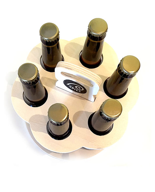Il BeerRoulette visto dall'alto, le sei bottiglie disposte a raggiera