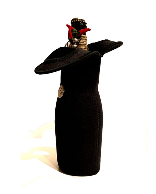 La sacca di neoprene vista di lato, con la spilletta