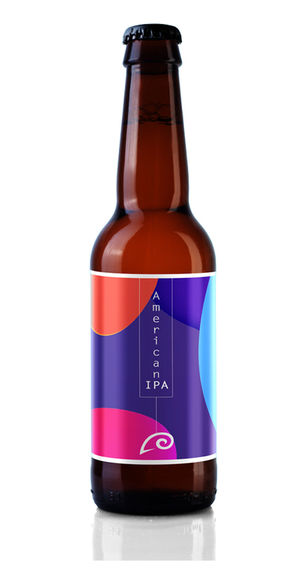 Bottiglia Jupiter da 33 cl, etichetta viola e arancio con la dicitura American IPA