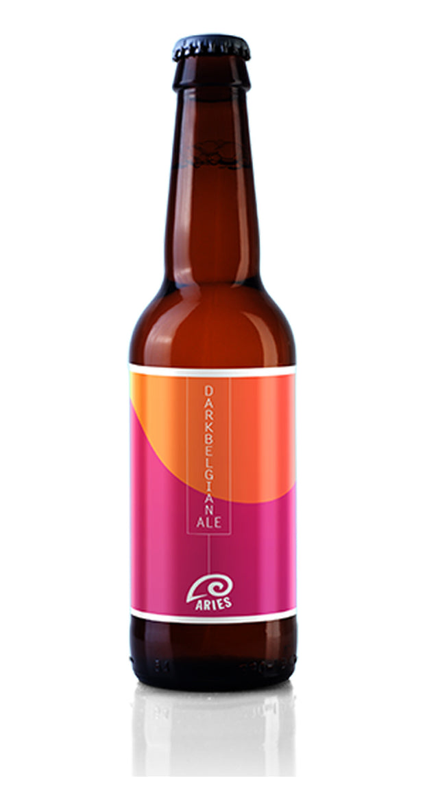 Bottiglia Neptunus da 33 cl, etichetta rosa e arancio con la dicitura Dark Belgian Ale