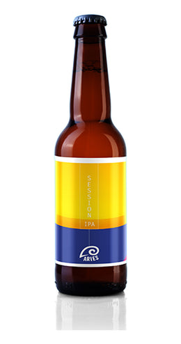 Bottiglia Saturnus da 33 cl, etichetta gialla e blu con la dicitura Session IPA