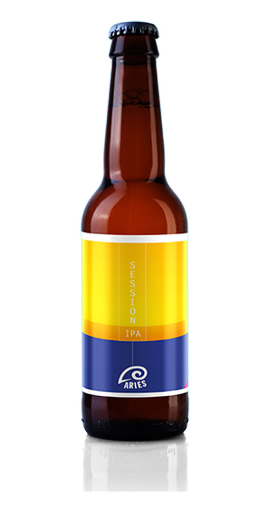 Bottiglia Saturnus da 33 cl, etichetta gialla e blu con la dicitura Session IPA