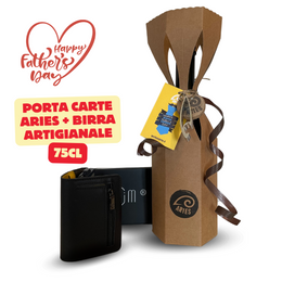 La confezione tulipano con accanto il portacarte in pelle nero e giallo