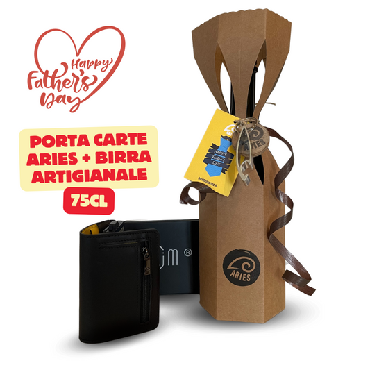 La confezione tulipano con accanto il portacarte in pelle nero e giallo