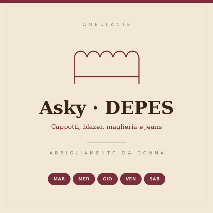 Insegna disegnata del banco Asky DEPES: cappotti, blazer, maglieria e jeans, dal martedì al sabato, codice operatore 048.016