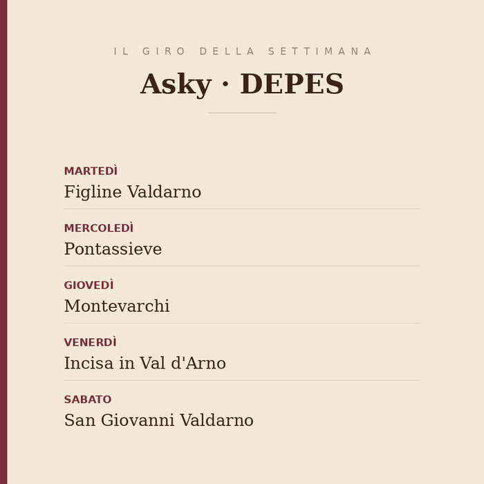 Il giro della settimana di Asky DEPES: Figline Valdarno il martedì, Pontassieve il mercoledì, Montevarchi il giovedì, Incisa in Val d'Arno il venerdì, San Giovanni Valdarno il sabato
