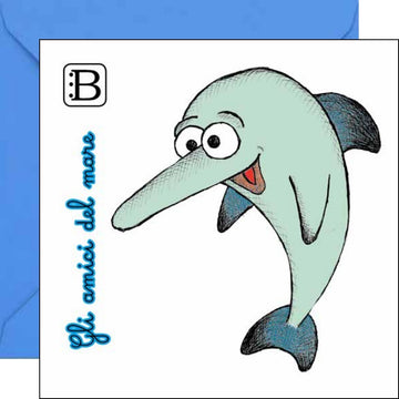 Il biglietto quadrato con Delfino e la sua busta, Gli Amici del Mare — Bookendipity