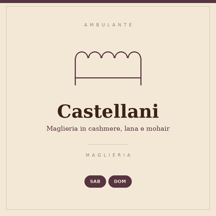 Insegna disegnata del banco Castellani: maglieria in cashmere, lana e mohair, sabato e domenica, codice operatore 100.013