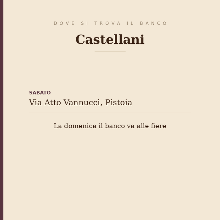 Dove si trova il banco Castellani: il sabato in via Atto Vannucci a Pistoia, la domenica alle fiere