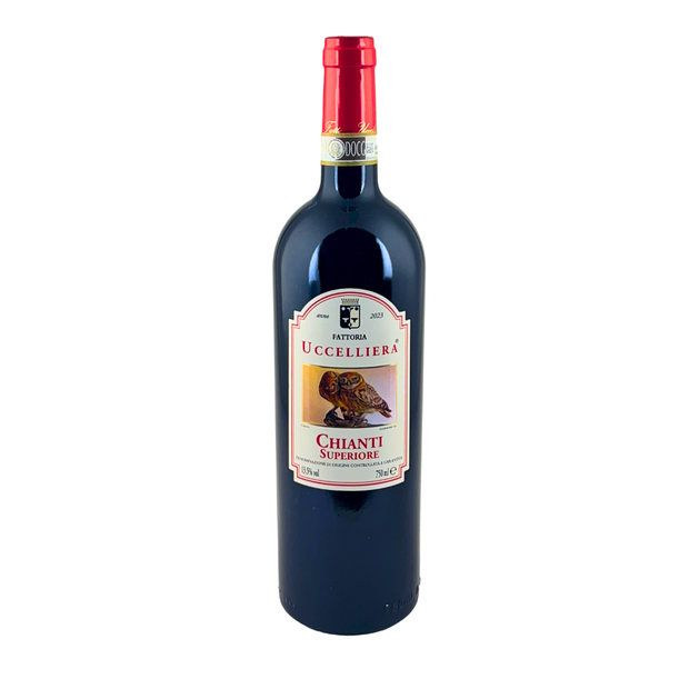 Bottiglia di Chianti Superiore DOCG della Fattoria Uccelliera, capsula rossa, su fondo bianco