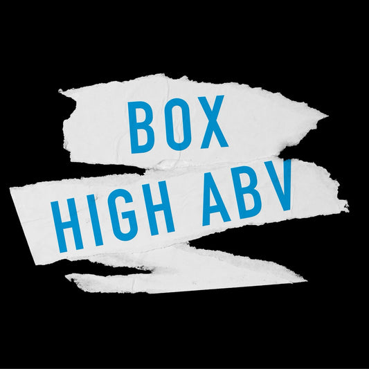La confezione nera con la scritta Box High ABV a lettere azzurre su due strappi di carta bianca
