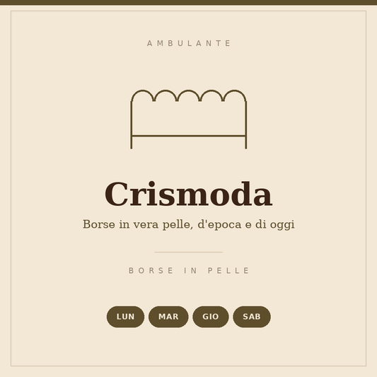 Illustrated sign of the Crismoda stall: real leather bags, Monday, Tuesday, Thursday and Saturday
