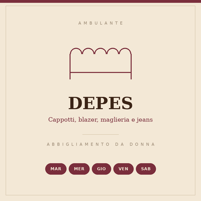 Illustrated sign of the DEPES stall: coats, blazers, knitwear and jeans, Tuesday to Saturday