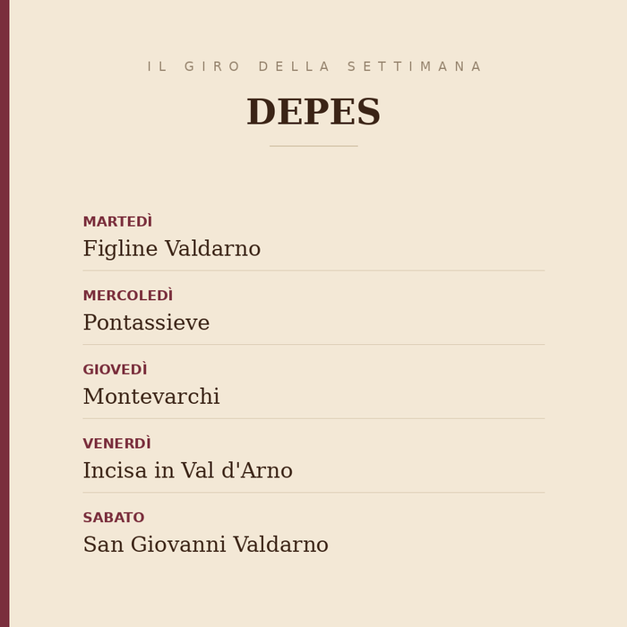 Il giro della settimana di DEPES: Figline Valdarno il martedì, Pontassieve il mercoledì, Montevarchi il giovedì, Incisa in Val d'Arno il venerdì, San Giovanni Valdarno il sabato