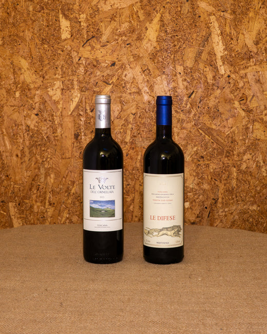 Le 2 bottiglie della selezione «Rossi Selezione Bottegone» in piedi davanti al fondo del set: Le Volte dell’Ornellaia e Le Difese Tenuta San Guido.
