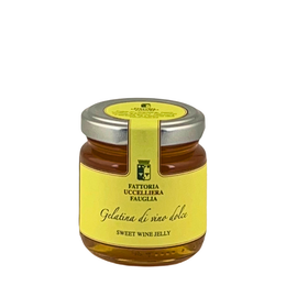 Vasetto di gelatina al vino dolce della Fattoria Uccelliera, gelatina ambrata, su fondo bianco