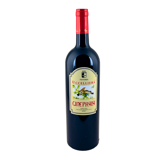 Bottiglia di Ginepraia rosso IGT Toscana della Fattoria Uccelliera su fondo bianco