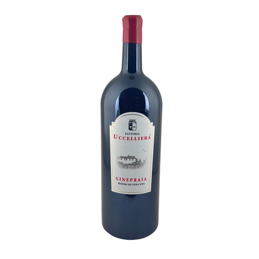Magnum da 1,5 litri di Ginepraia rosso IGT Toscana della Fattoria Uccelliera su fondo bianco