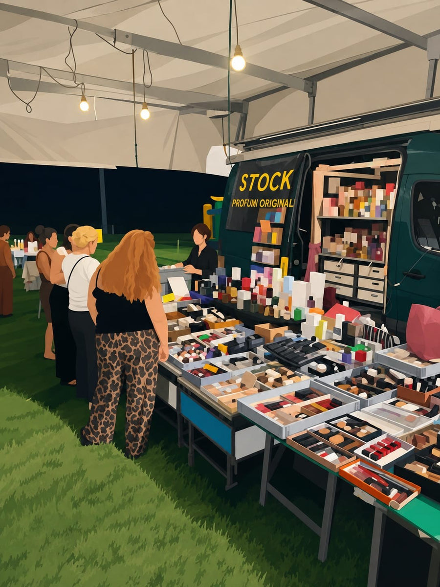 Il banco di Greco Gabriella a una fiera di sera, in versione illustrata: il furgone verde con la scritta «Stock profumi originali», i tavoli dei cosmetici sotto il tendone e le clienti in fila
