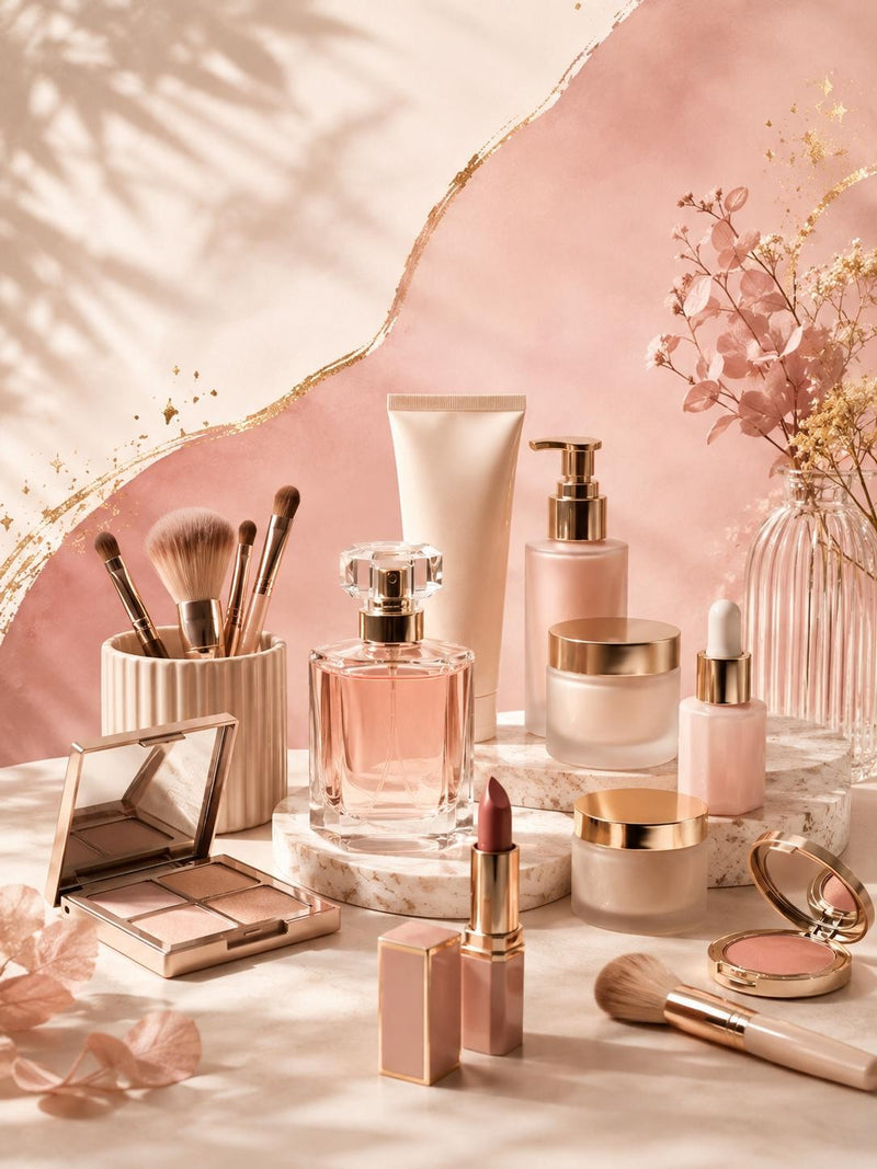Composizione illustrativa di cosmetici in rosa e oro: pennelli, profumo, creme, palette e rossetto