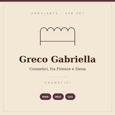 Insegna disegnata del banco di Greco Gabriella: cosmetici, martedì, mercoledì e giovedì, codice operatore 048.007