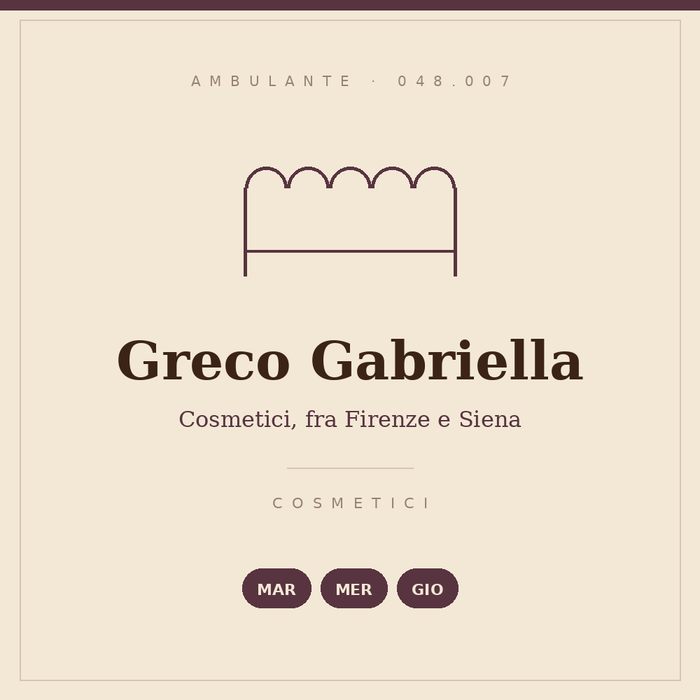 Insegna disegnata del banco di Greco Gabriella: cosmetici, martedì, mercoledì e giovedì, codice operatore 048.007