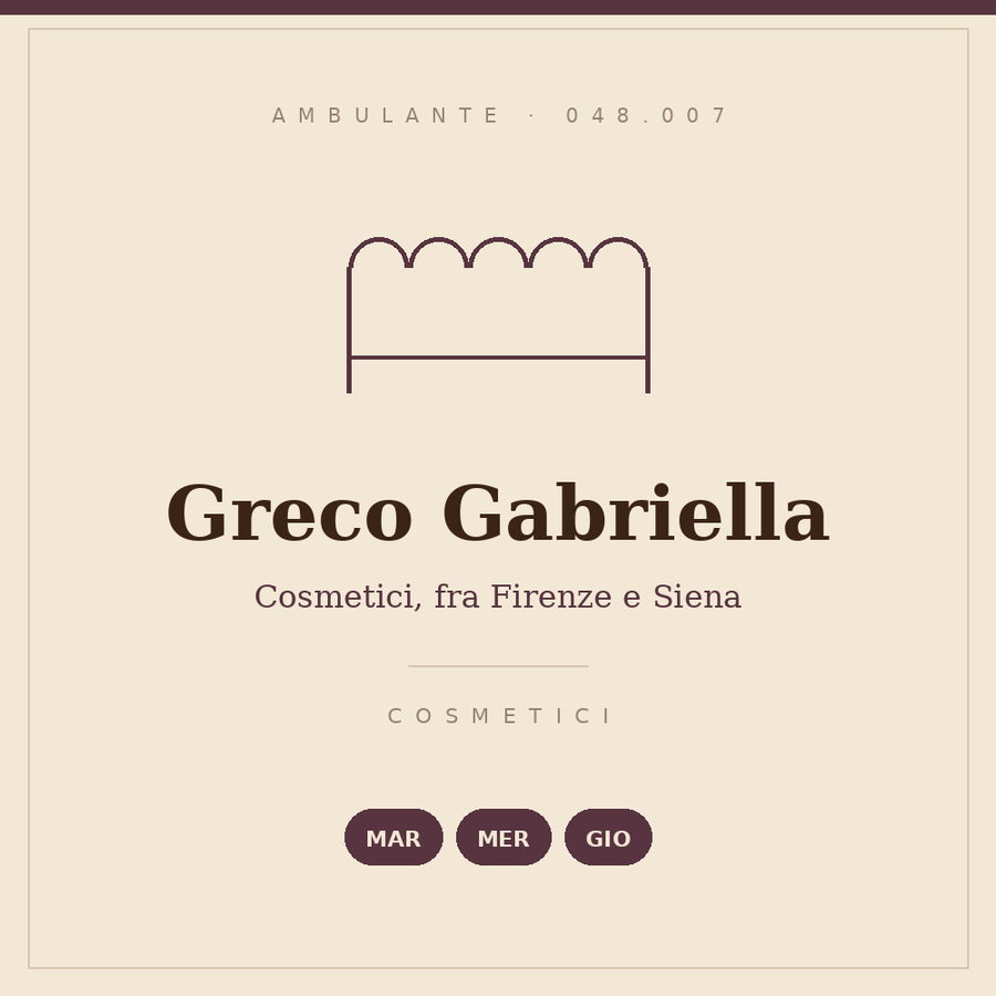 Insegna disegnata del banco di Greco Gabriella: cosmetici, martedì, mercoledì e giovedì, codice operatore 048.007