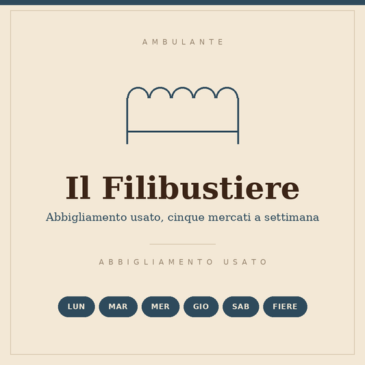 Illustrated sign of the Il Filibustiere stall: second-hand clothing, five markets a week and fairs