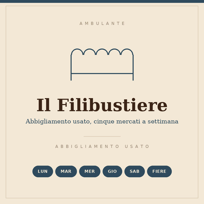 Insegna disegnata del banco Il Filibustiere: abbigliamento usato, cinque mercati a settimana e le fiere