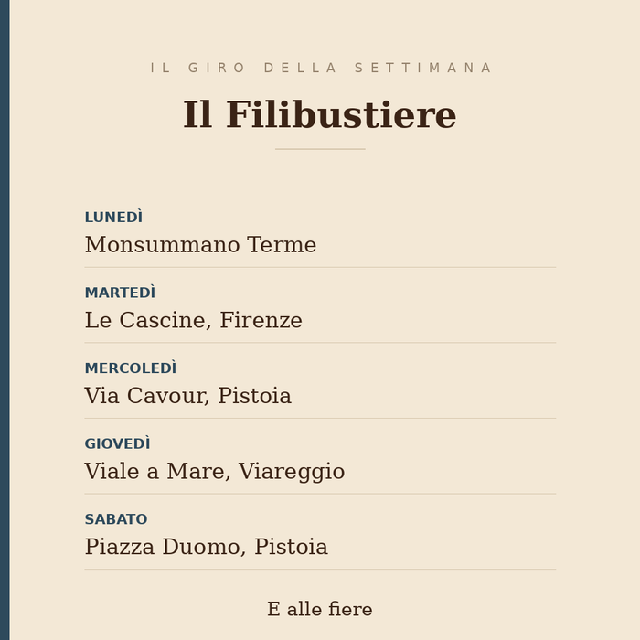 Il giro della settimana de Il Filibustiere: lunedì a Monsummano Terme, martedì alle Cascine di Firenze, mercoledì in via Cavour a Pistoia, giovedì in viale a Mare a Viareggio, sabato in piazza Duomo a Pistoia; e le fiere