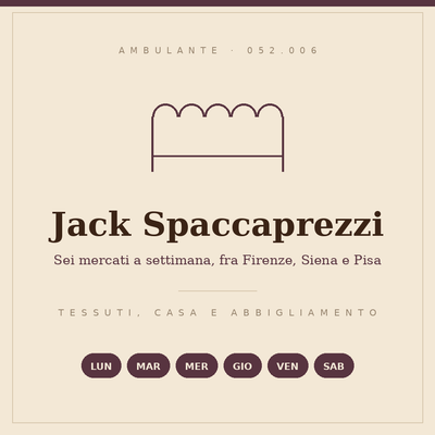 Insegna disegnata del banco Jack Spaccaprezzi: tessuti, casa e abbigliamento, sei giorni a settimana, codice operatore 052.006