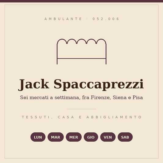 Drawn sign of the Jack Spaccaprezzi stall: fabrics, home and clothing, six days a week, operator code 052.006
